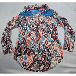 Roar E-LEC-TRIC Shout It Out Tribal Print Lace Back Button Down Shirt Small